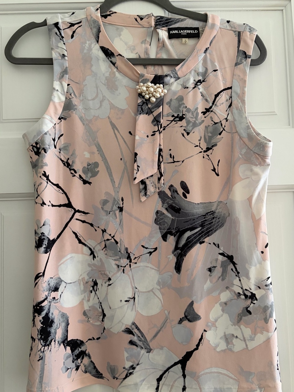 Karl Lagerfeld Blush Pink Floral Tie-Neck Camisole with Pearl Accent